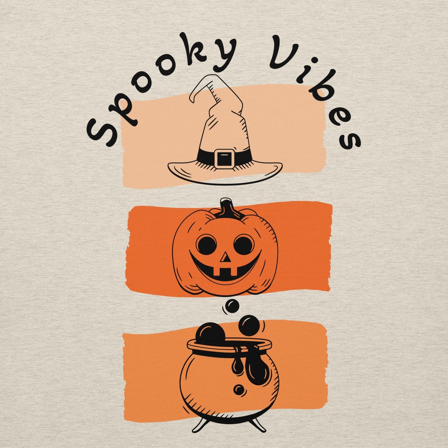 Clothing By Hot Takes Designs Spooky Vibes hoodie graphic featuring a retro witch hat, jack-o'-lantern, and cauldron.