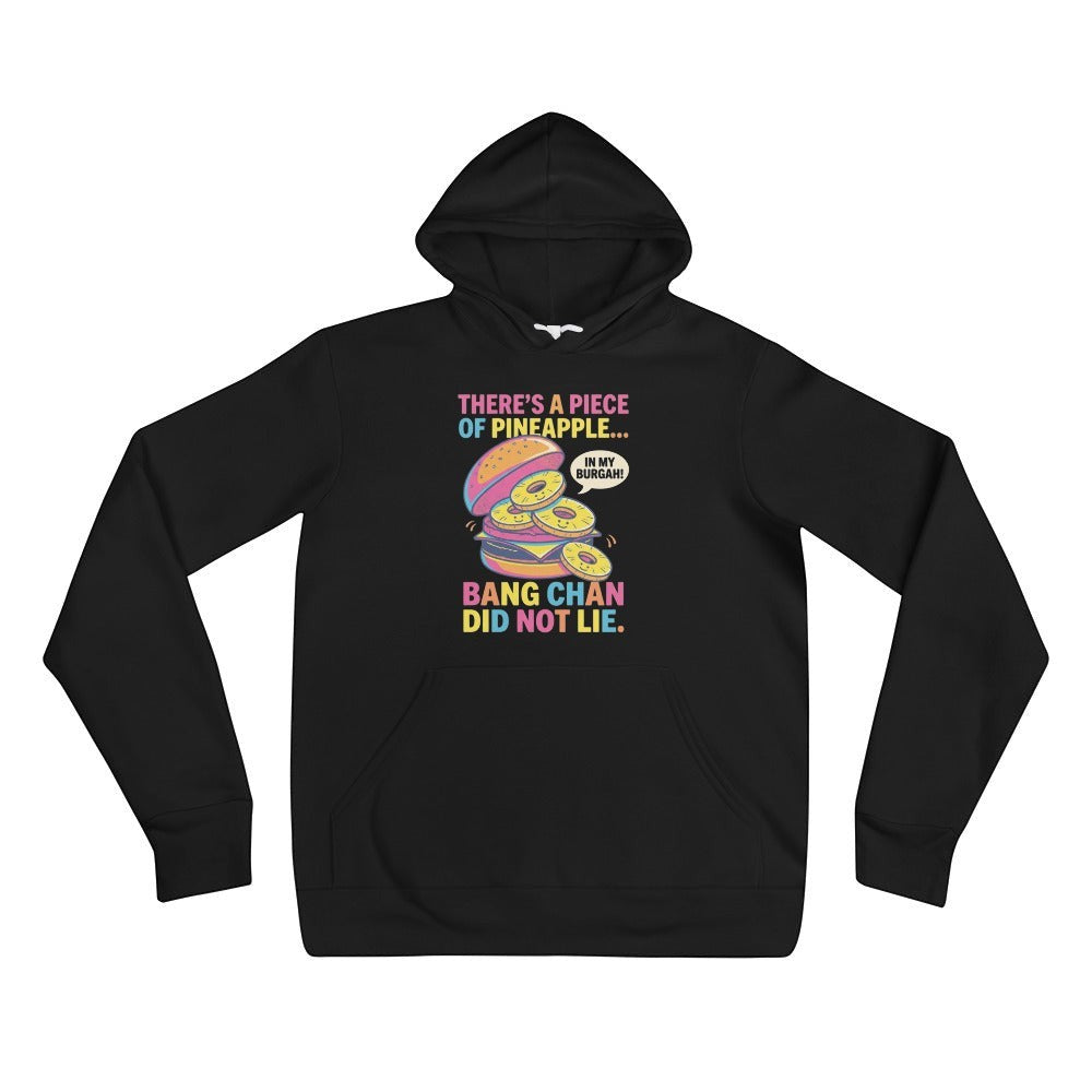Clothing By Hot Takes Designs black unisex pullover hoodie with a colorful Stray Kids themed burger graphic print.