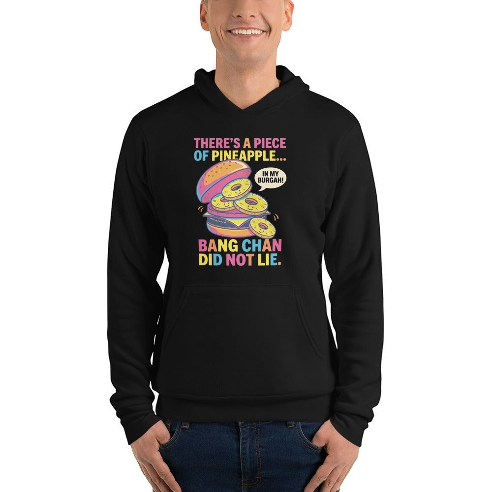 Clothing By Hot Takes Designs black unisex pullover hoodie featuring a colorful Stray Kids themed burger graphic print.