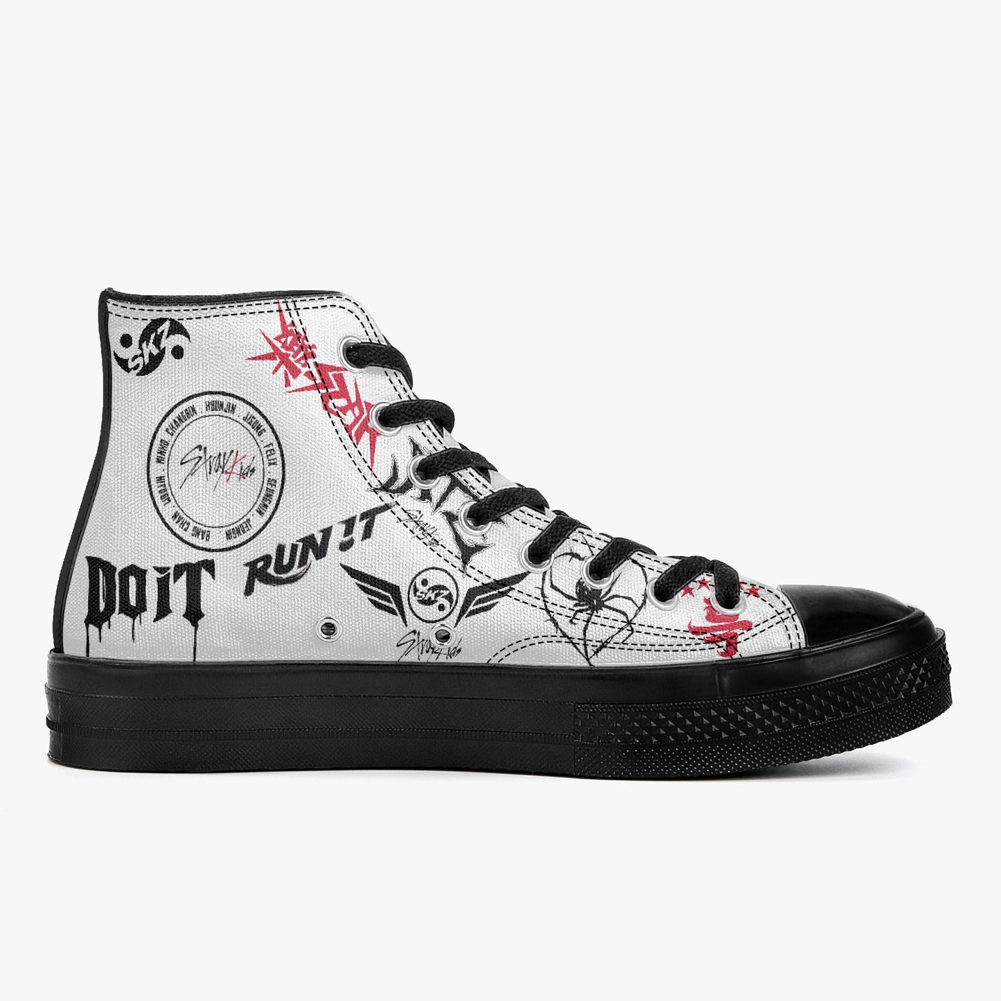 Clothing By Hot Takes Designs Stray Kids high-top canvas sneakers with black graffiti graphics and black rubber soles.