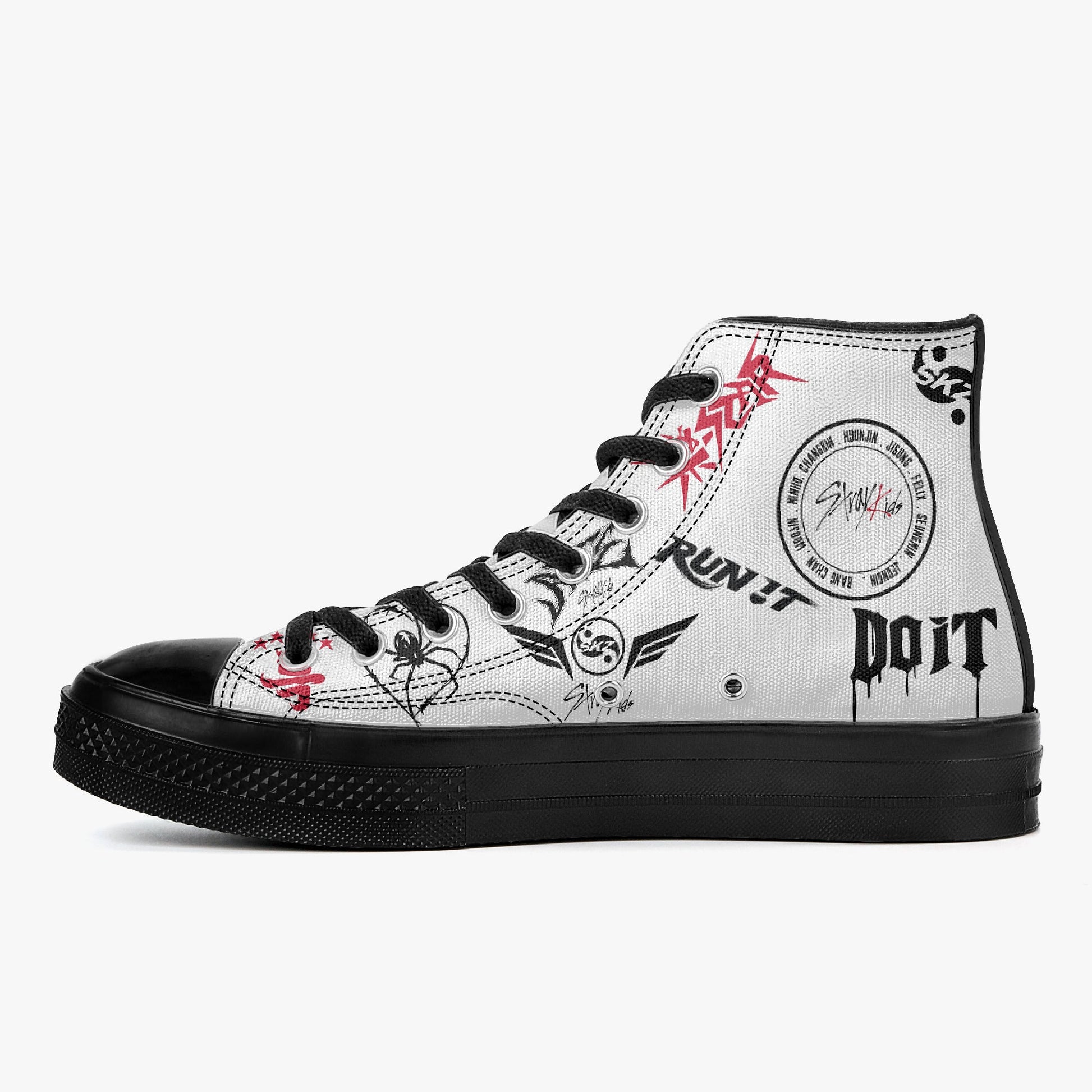 Clothing By Hot Takes Designs Stray Kids high-top canvas sneakers with black graffiti prints and black rubber soles.