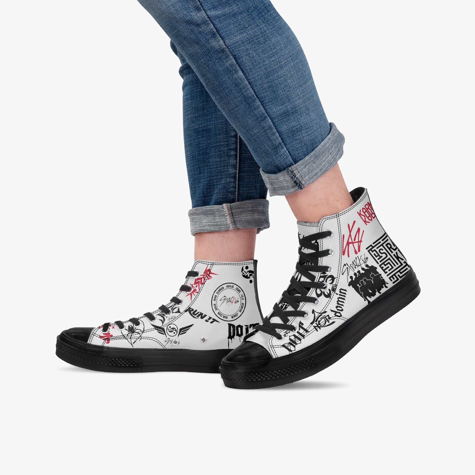 Clothing By Hot Takes Designs Stray Kids high-top canvas sneakers with black and red graffiti graphics on white fabric