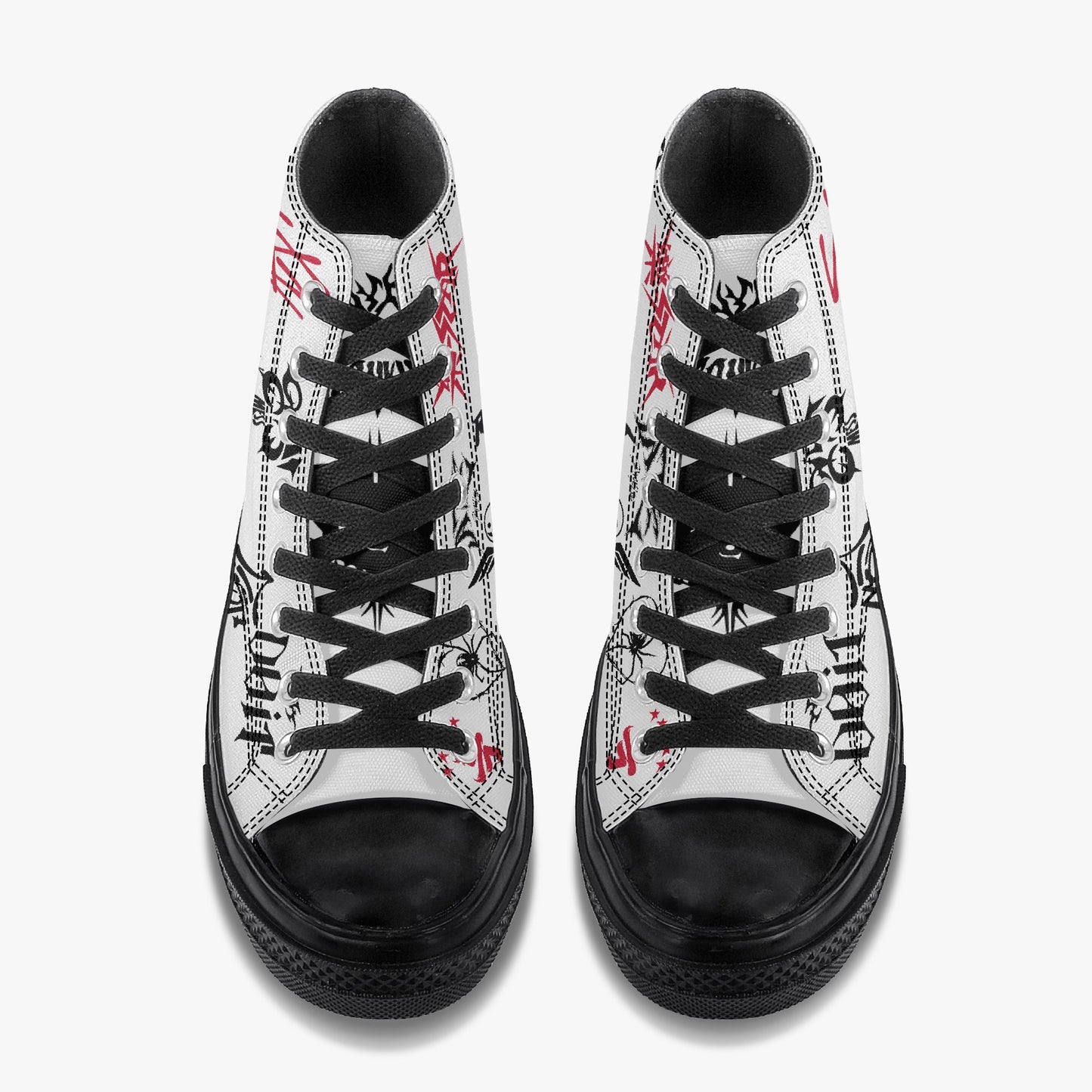 Clothing By Hot Takes Designs high-top canvas sneakers with white upper, black laces, and Stray Kids graffiti print