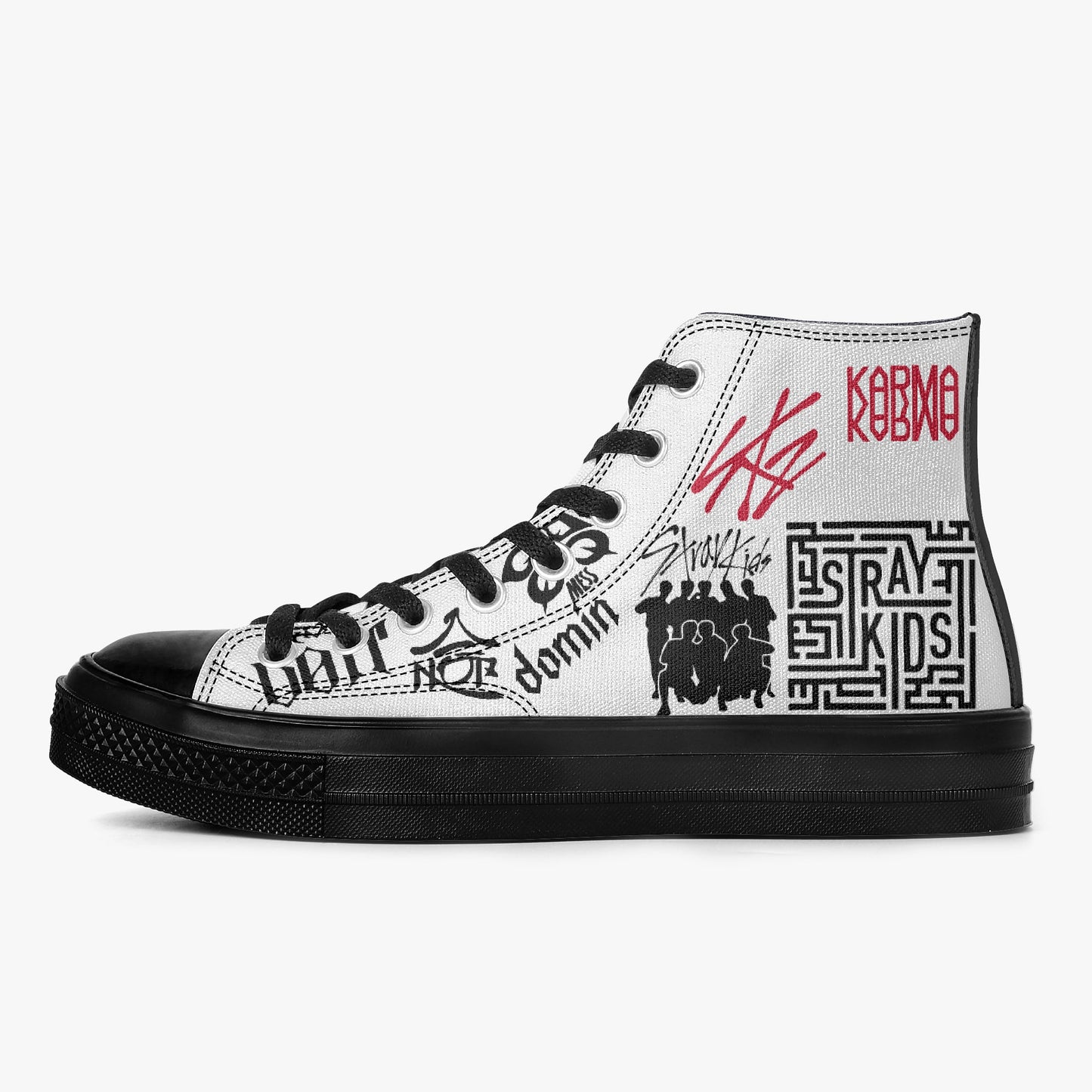 Clothing By Hot Takes Designs Stray Kids high-top canvas sneakers with black and red graffiti-style K-pop graphics