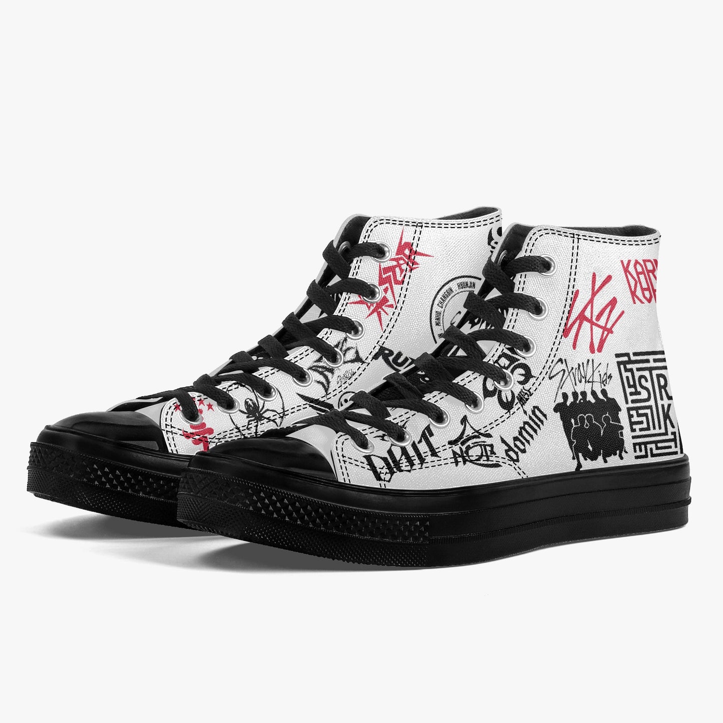Clothing By Hot Takes Designs high-top canvas sneakers featuring black and red Stray Kids graffiti-style graphics.