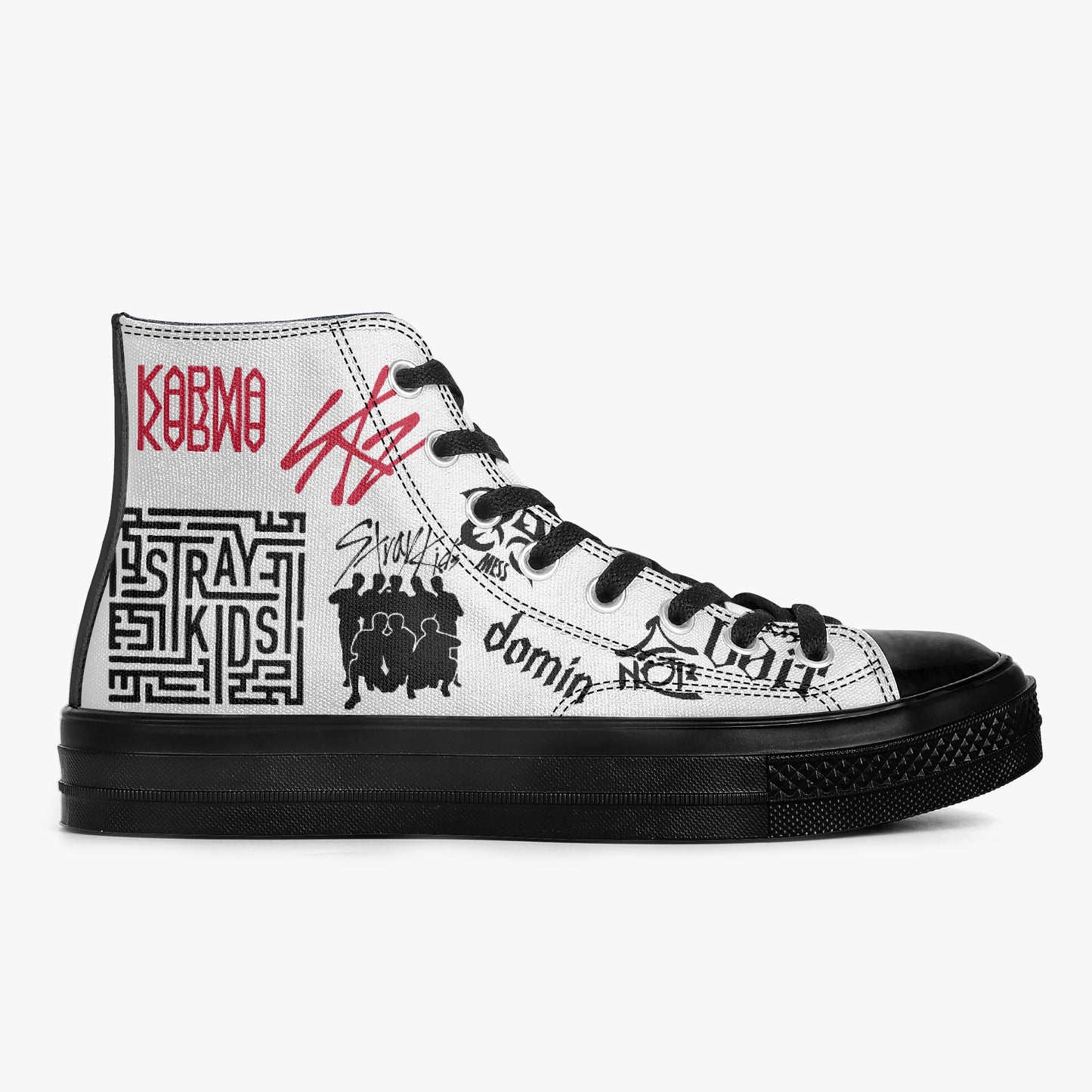 Clothing By Hot Takes Designs Stray Kids high-top canvas sneakers with black and red graffiti-style K-pop graphics
