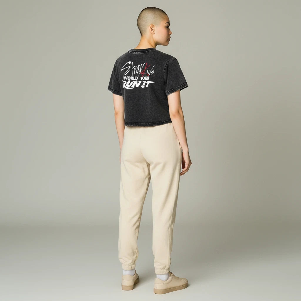 Clothing By Hot Takes Designs Stray Kids Run It distressed black cropped cotton t-shirt with vintage wash back view