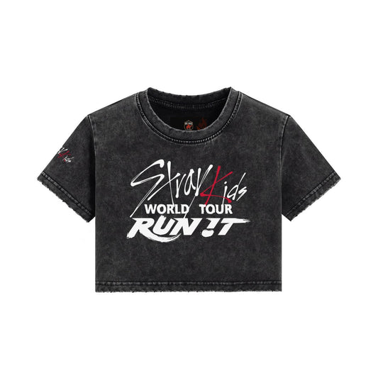Clothing By Hot Takes Designs Stray Kids Run It black vintage wash cotton cropped tee with distressed raw edges