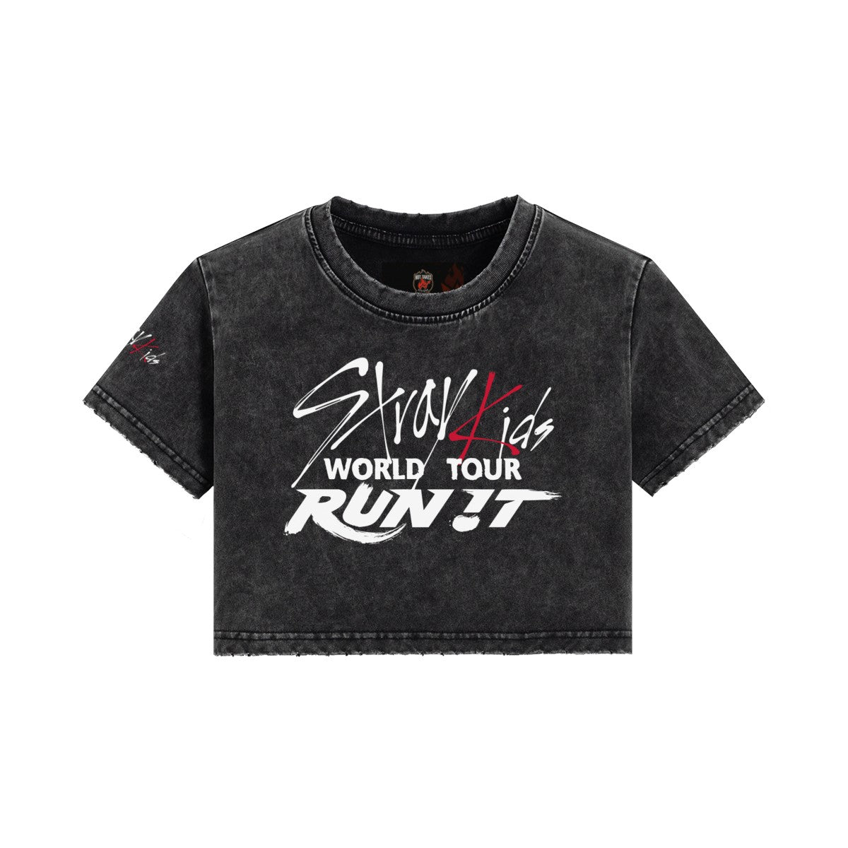 Clothing By Hot Takes Designs Stray Kids Run It black vintage wash cotton cropped tee with distressed raw edges
