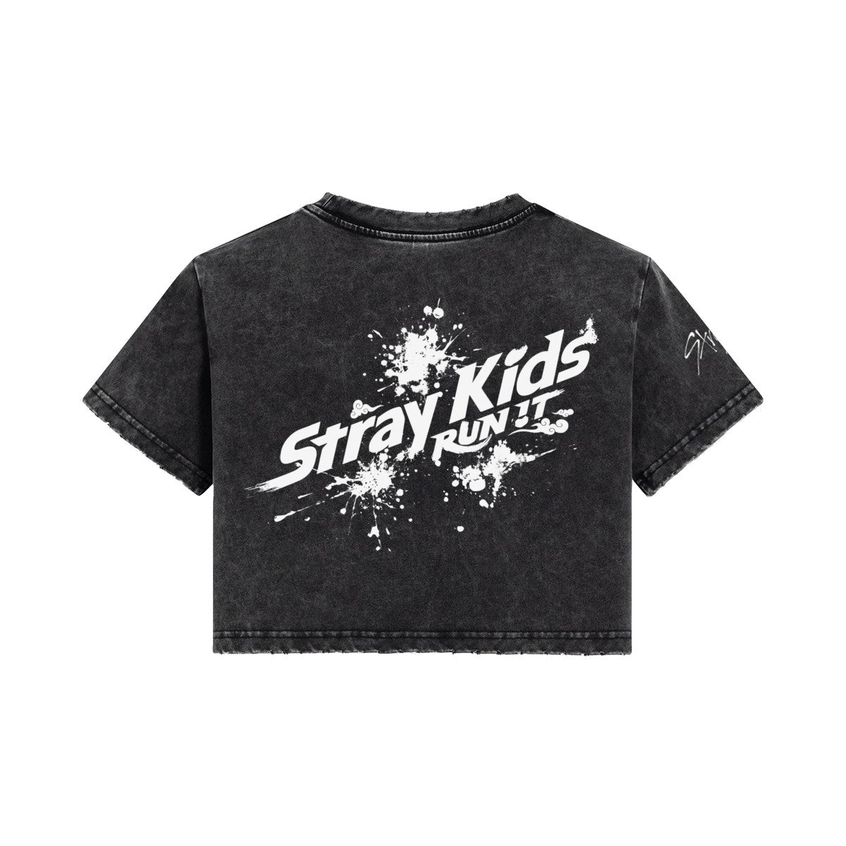 Clothing By Hot Takes Designs Stray Kids Run It black vintage wash cotton cropped tee with distressed edges