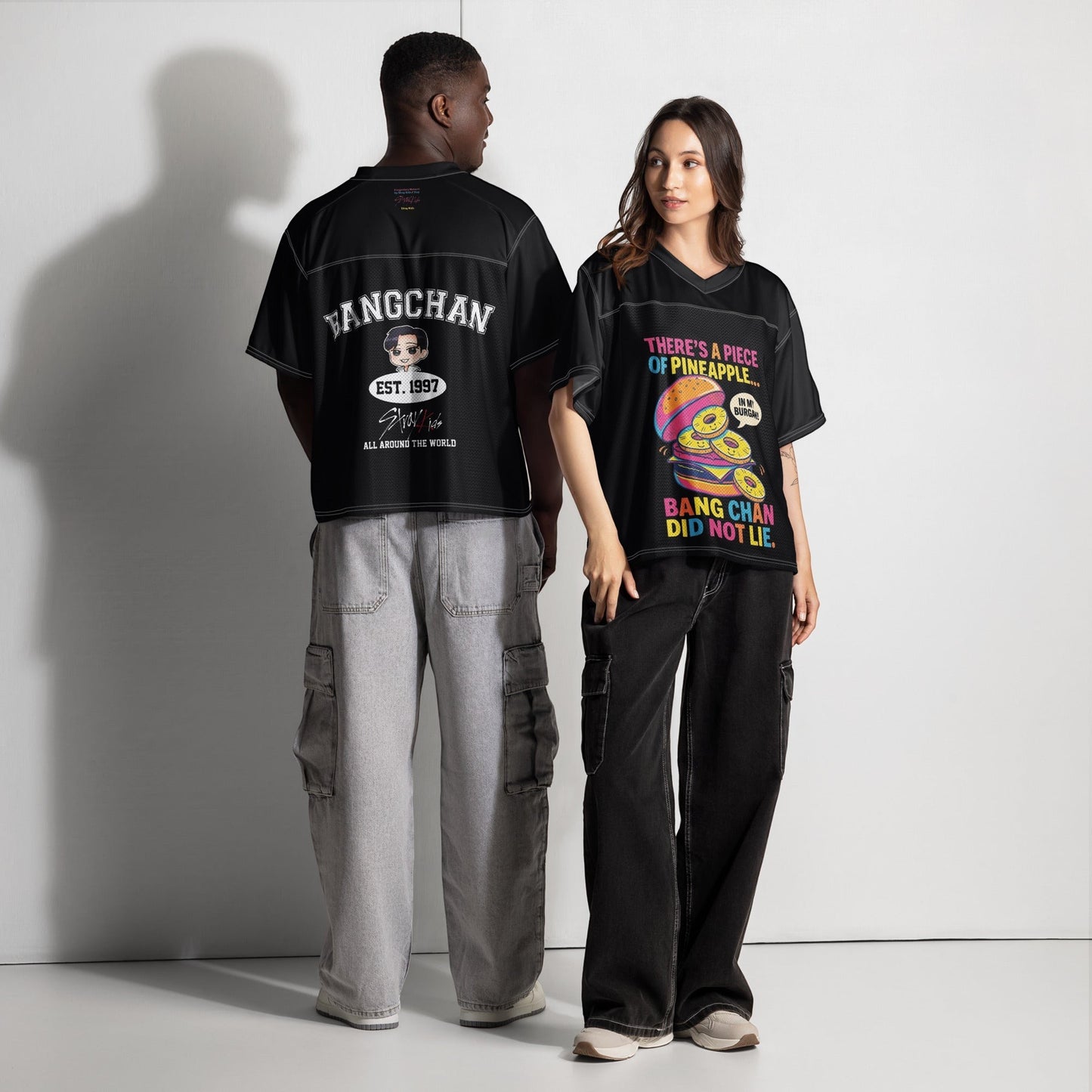 Clothing By Hot Takes Designs unisex football jerseys featuring Stray Kids Bang Chan pineapple burger meme graphics.