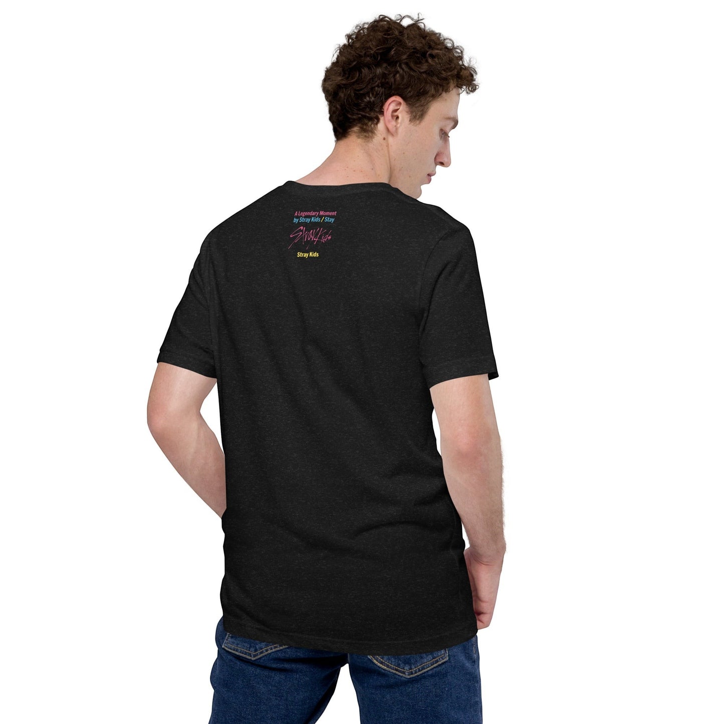 Clothing By Hot Takes Designs black heather unisex t-shirt with Stray Kids graphic on the back, worn by a man.