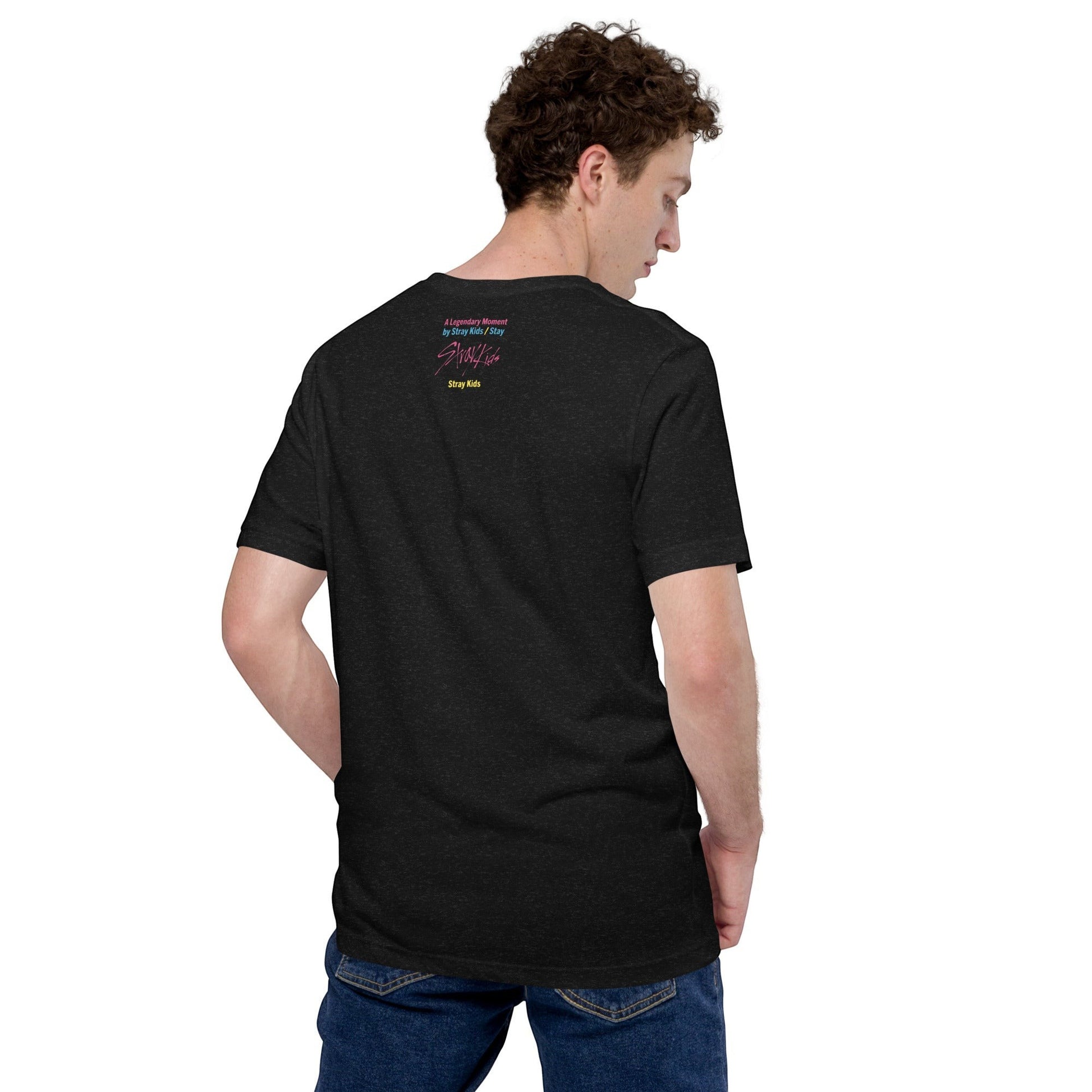 Clothing By Hot Takes Designs black heather unisex t-shirt with Stray Kids graphic on the back, worn by a man.
