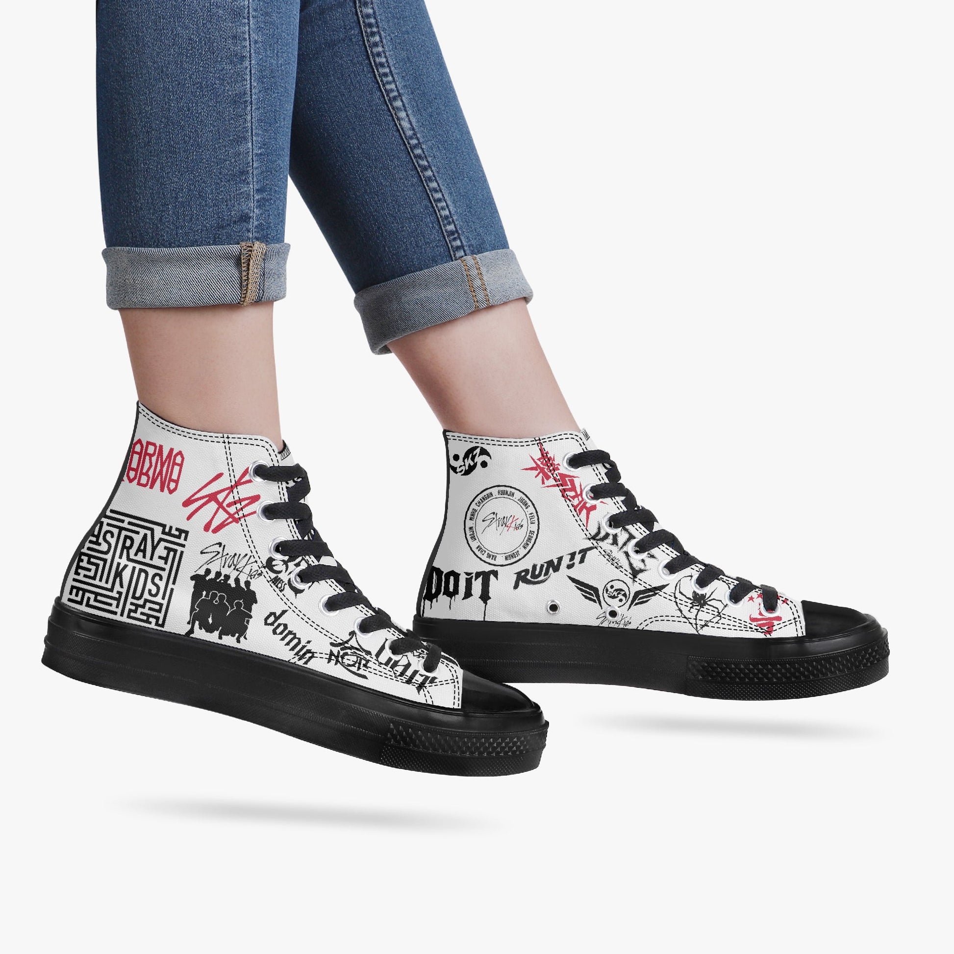 Clothing By Hot Takes Designs Stray Kids custom high-top canvas sneakers with black and red graffiti-style graphics