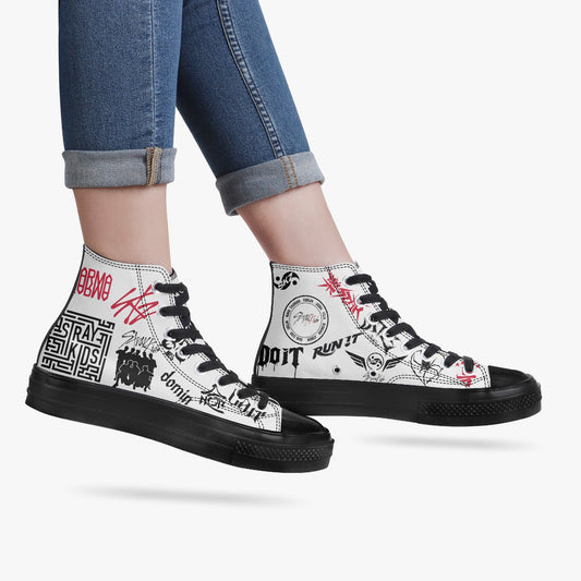 Clothing By Hot Takes Designs Stray Kids custom high-top canvas sneakers with black and red graffiti-style graphics