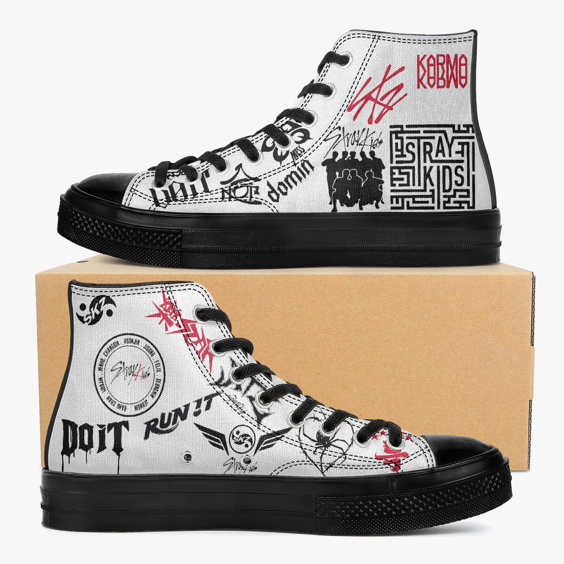 Clothing By Hot Takes Designs Stray Kids custom high-top canvas sneakers with black graffiti graphics on white canvas
