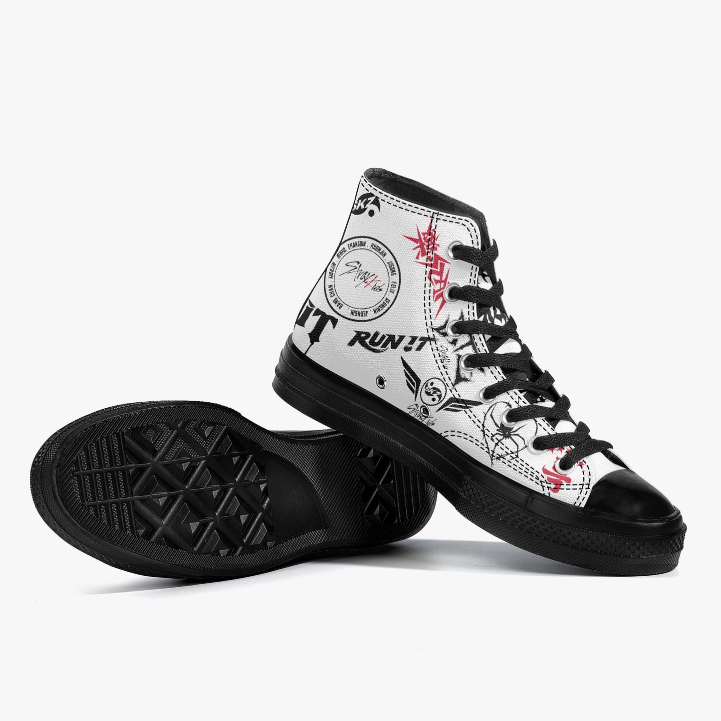 Clothing By Hot Takes Designs Stray Kids custom high-top canvas sneakers with black and white graffiti-style graphics.