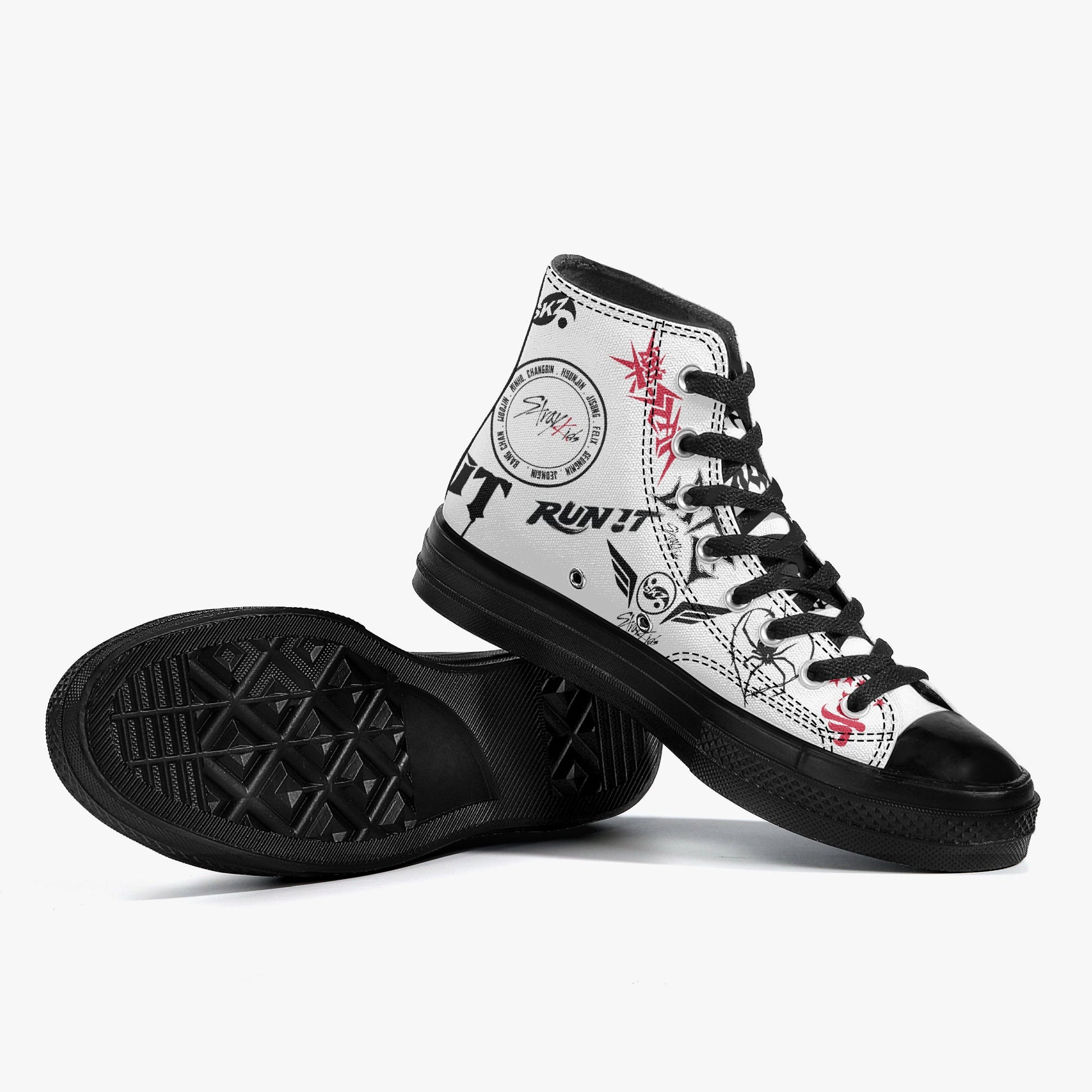 Clothing By Hot Takes Designs Stray Kids custom high-top canvas sneakers with black and white graffiti-style graphics.