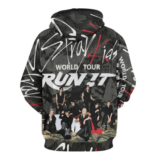 Clothing By Hot Takes Designs Stray Kids Run It tour hoodie with all-over graphic print and group photo on back