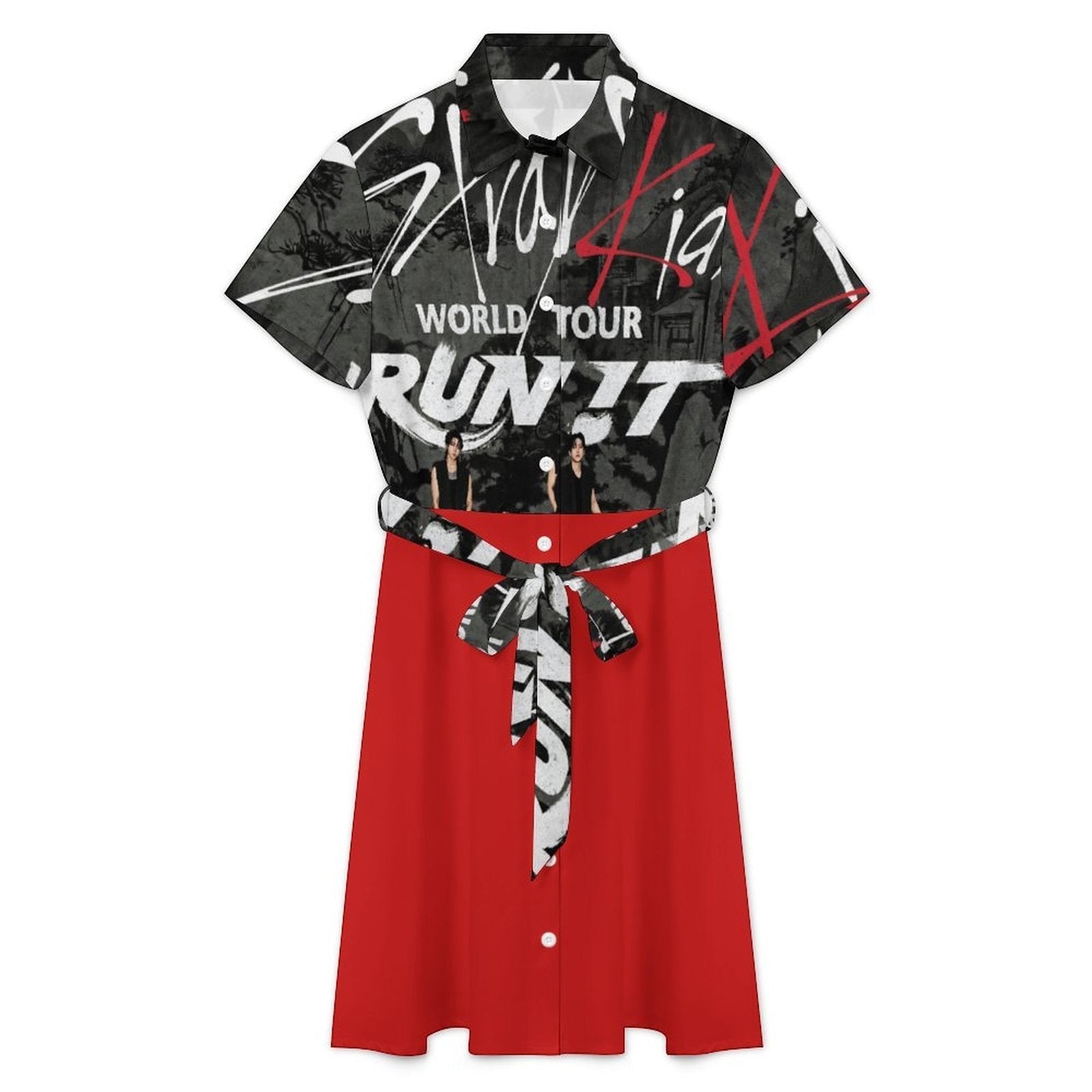Clothing By Hot Takes Designs Stray Kids Run It tour shirt dress with black and white graphic top and red skirt.