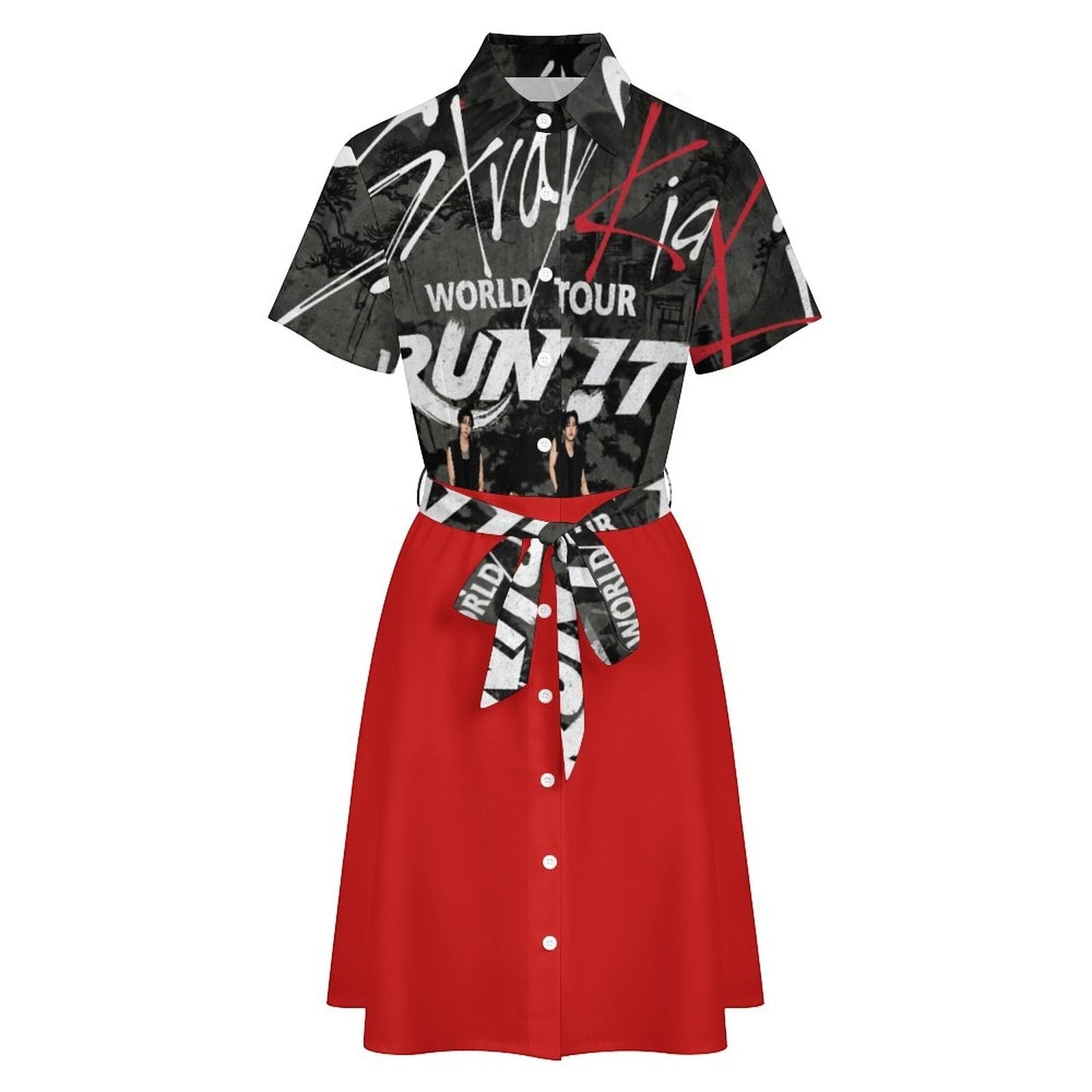 Clothing By Hot Takes Designs Stray Kids Run It tour shirt dress with black graphic bodice and solid red skirt