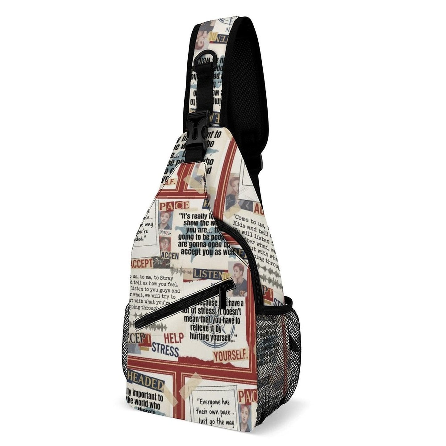 Clothing By Hot Takes Designs Stray Kids Bang Chan Positivity sling bag with all-over newspaper print and mesh pockets.