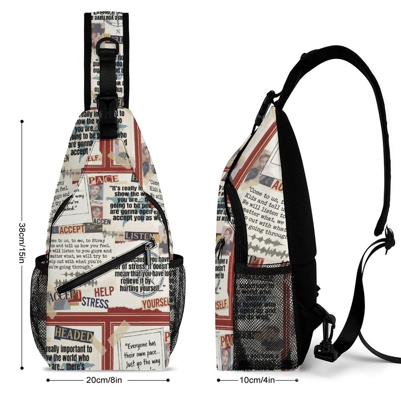 Clothing By Hot Takes Designs Stray Kids Bang Chan Positivity sling bag with newspaper-style print and mesh pockets.