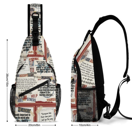 Clothing By Hot Takes Designs Stray Kids Bang Chan Positivity sling bag with newspaper-style print and mesh pockets.