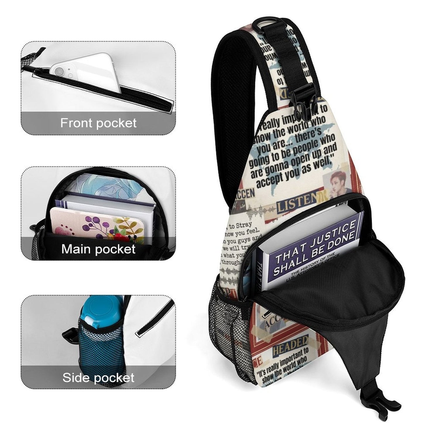 Clothing By Hot Takes Designs Stray Kids Bang Chan sling bag with all-over print, front, main, and side mesh pockets.