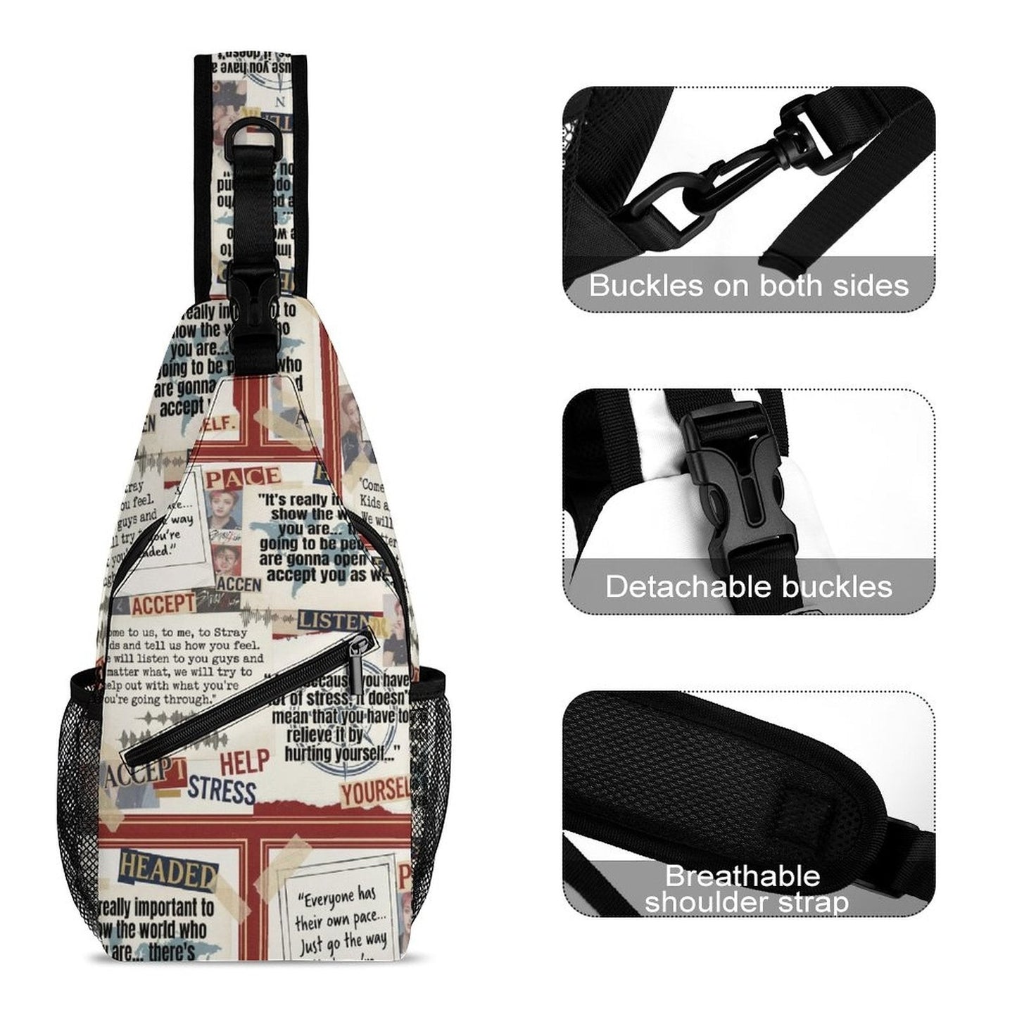 Clothing By Hot Takes Designs Stray Kids Bang Chan sling bag with all-over print, mesh pockets, and padded strap.