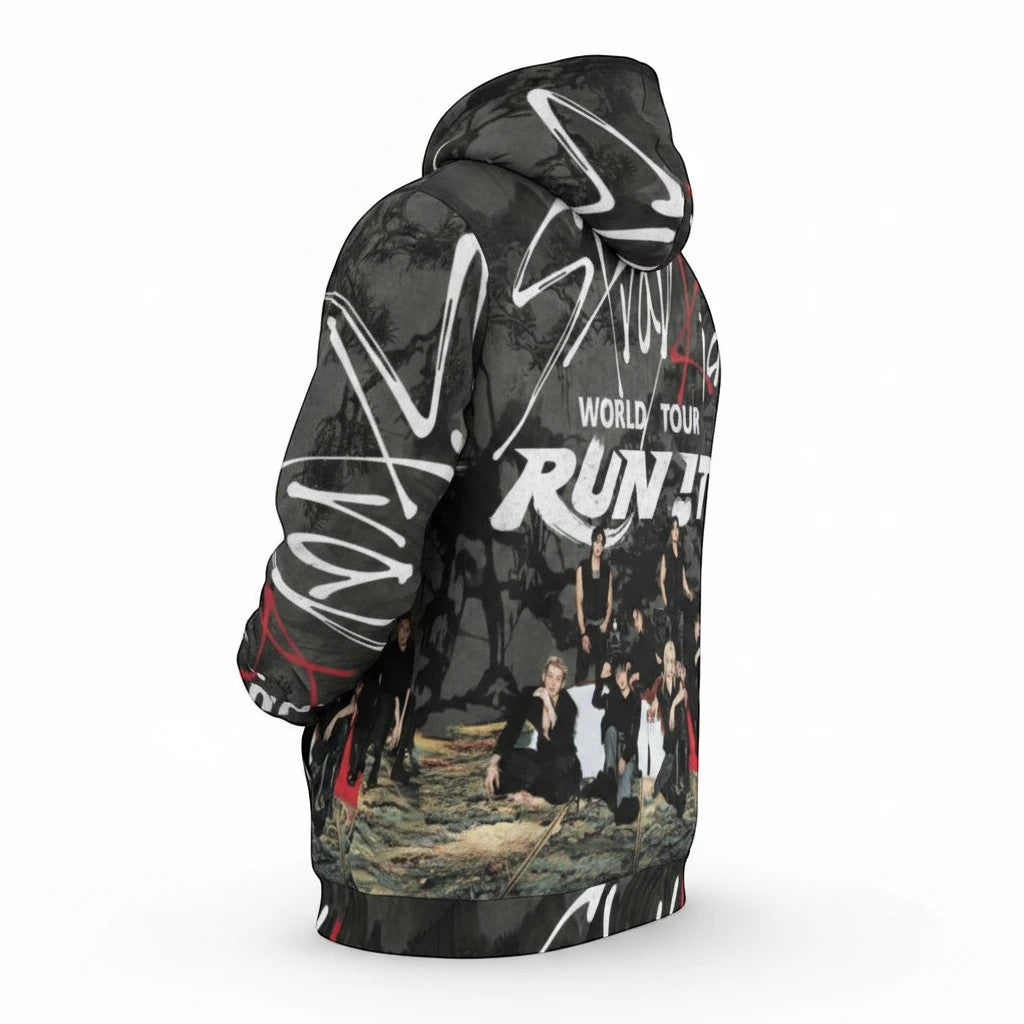 Clothing By Hot Takes Designs Stray Kids Run It tour hoodie with all-over graphic print and double-layer hood