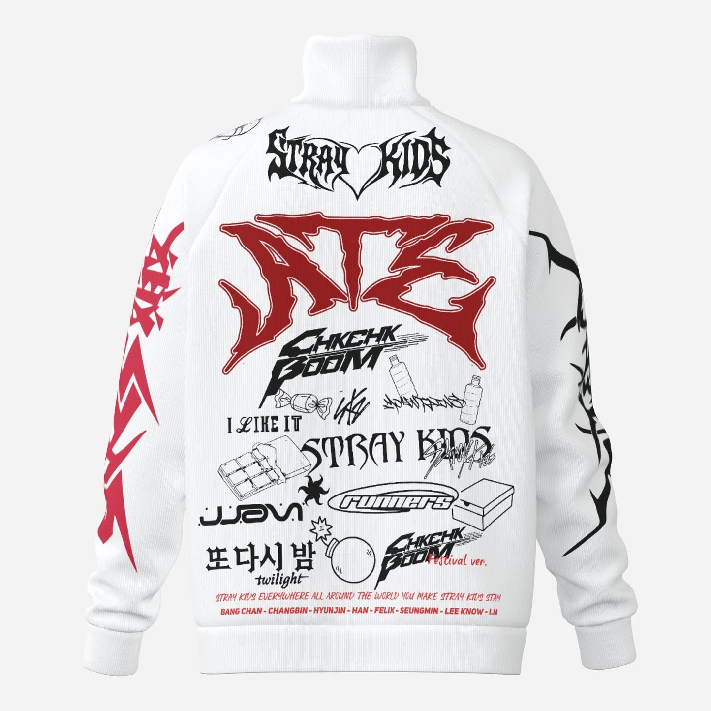 Clothing By Hot Takes Designs Stray Kids white track jacket with bold red and black graphic prints on the back.