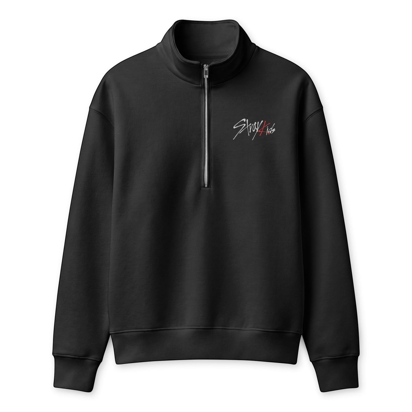 Clothing By Hot Takes Designs black Stray Kids Run It track jacket with a half-zip front and embroidered chest logo.