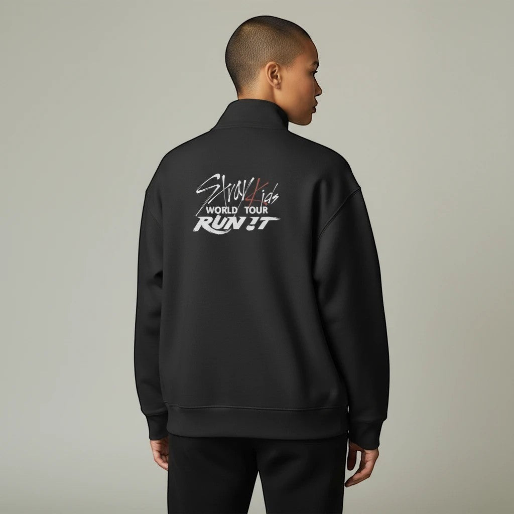 Clothing By Hot Takes Designs black Stray Kids Run It world tour track jacket with back graphic on a model