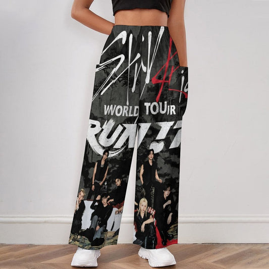 Clothing By Hot Takes Designs Stray Kids Run It wide-leg trousers in a nylon-linen blend with tour graphic print.