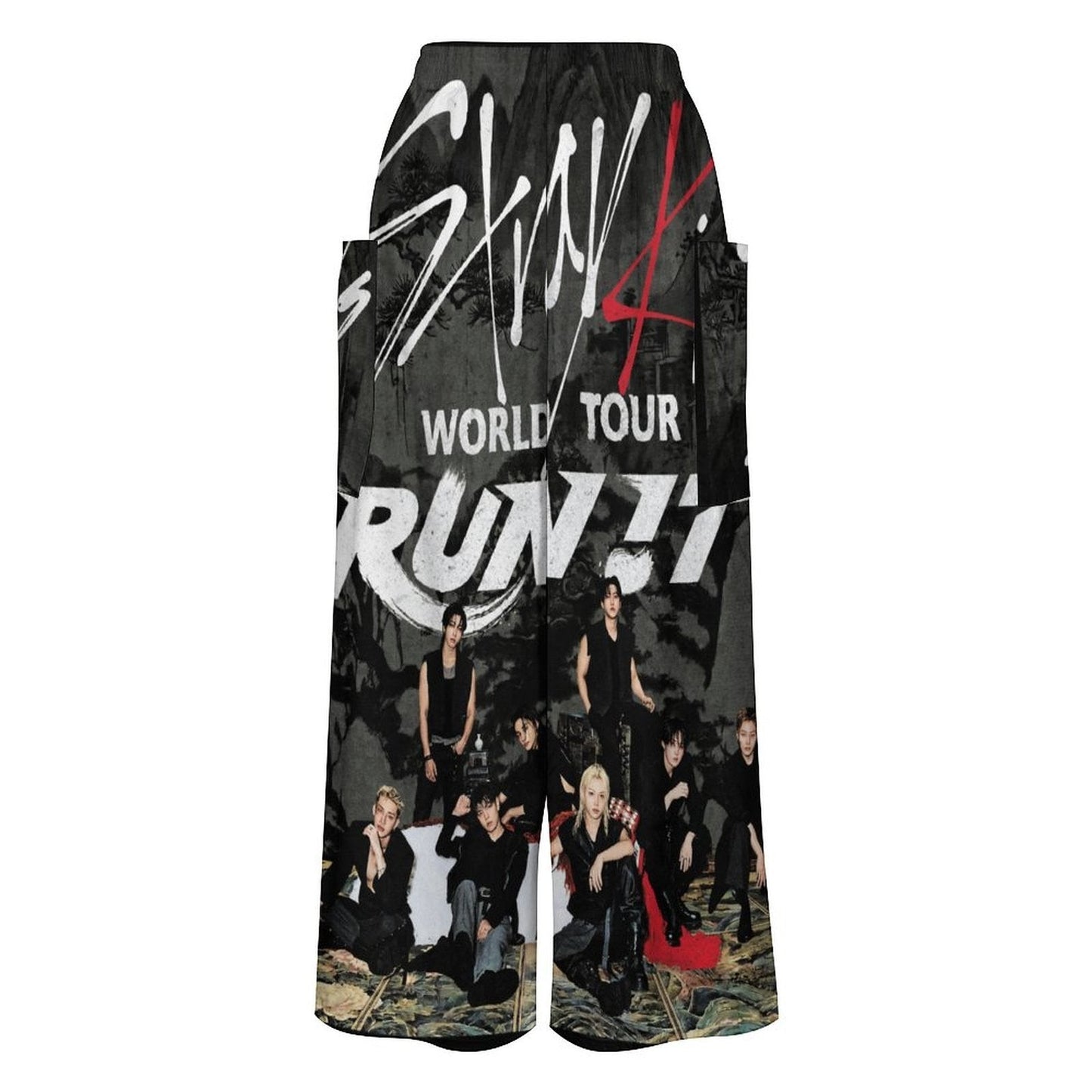 Clothing By Hot Takes Designs Stray Kids Run It tour wide-leg pants with graphic print and elastic waistband