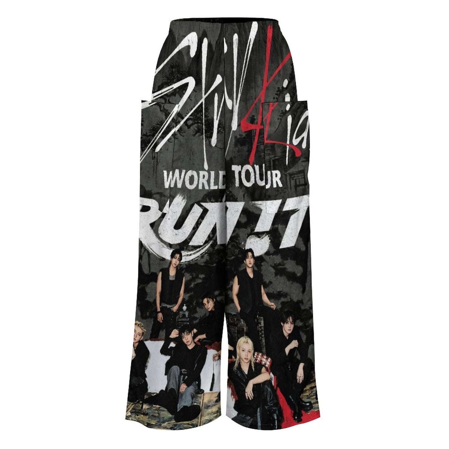 Clothing By Hot Takes Designs Stray Kids Run It tour wide-leg trousers in a black nylon-linen blend with graphic print