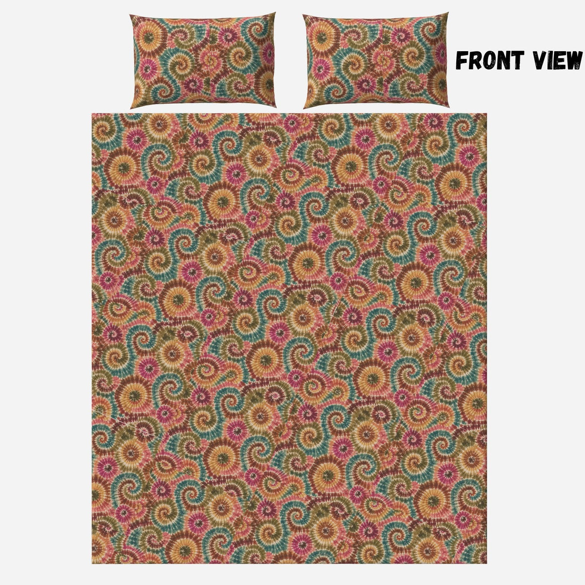 Clothing By Hot Takes Designs 3-piece microfiber bedding set with a vibrant earth-tone spiral tie-dye quilt and pillows