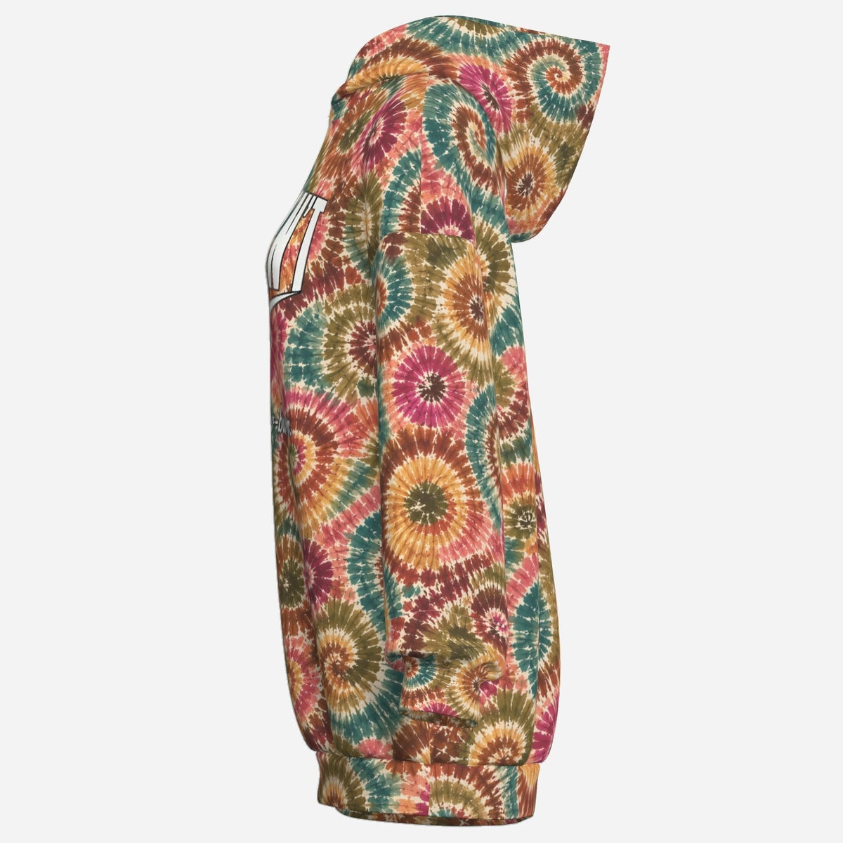 Side profile view of oversized mini-length tie-dye sweatshirt dress showing relaxed drape