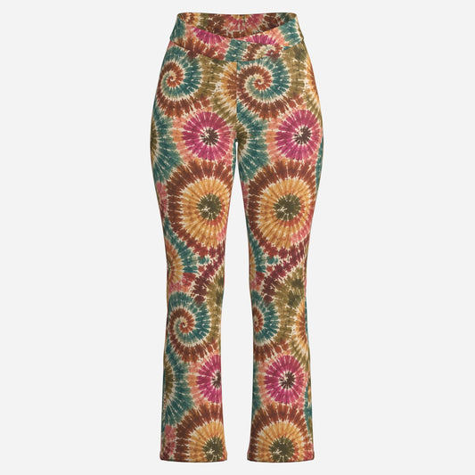 Clothing By Hot Takes Designs tie-dye yoga joggers with a crossover waistband in earth-tone spiral patterns.