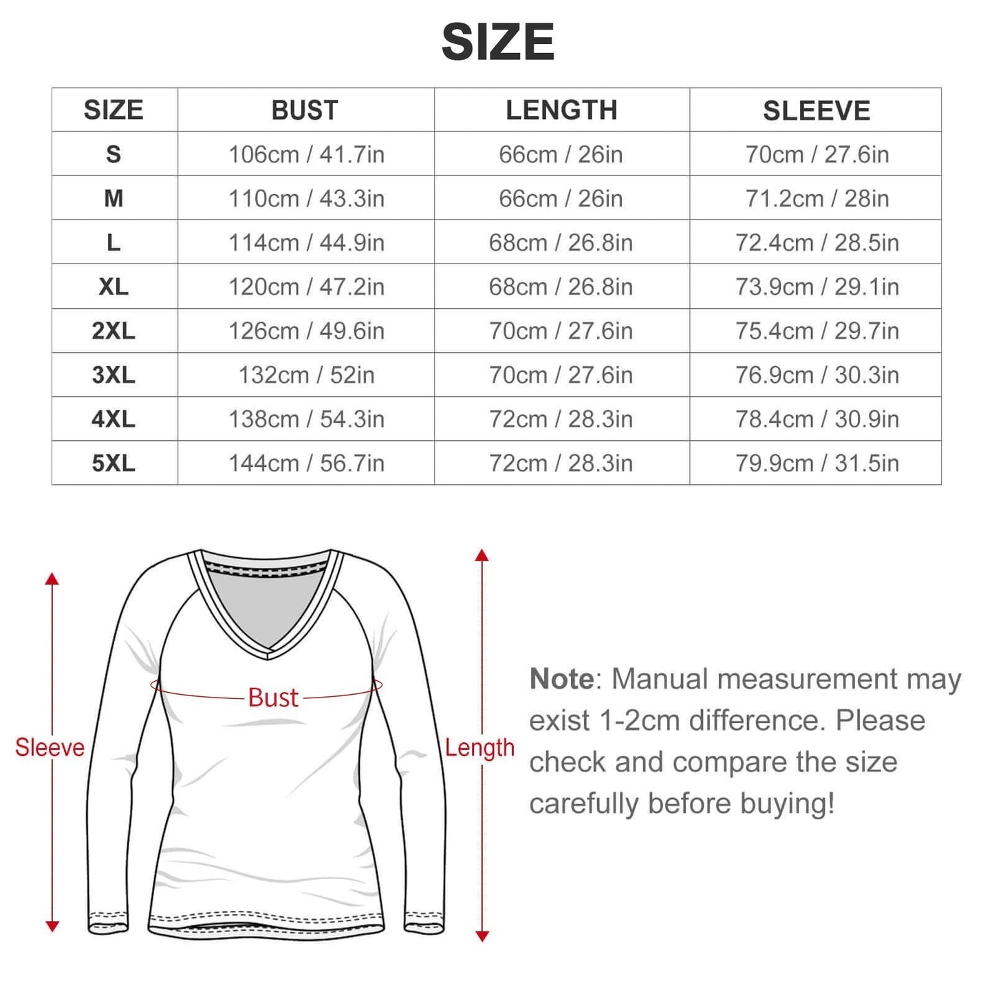 Clothing By Hot Takes Designs size chart for a double layer V-neck top with measurements for bust, length, and sleeve