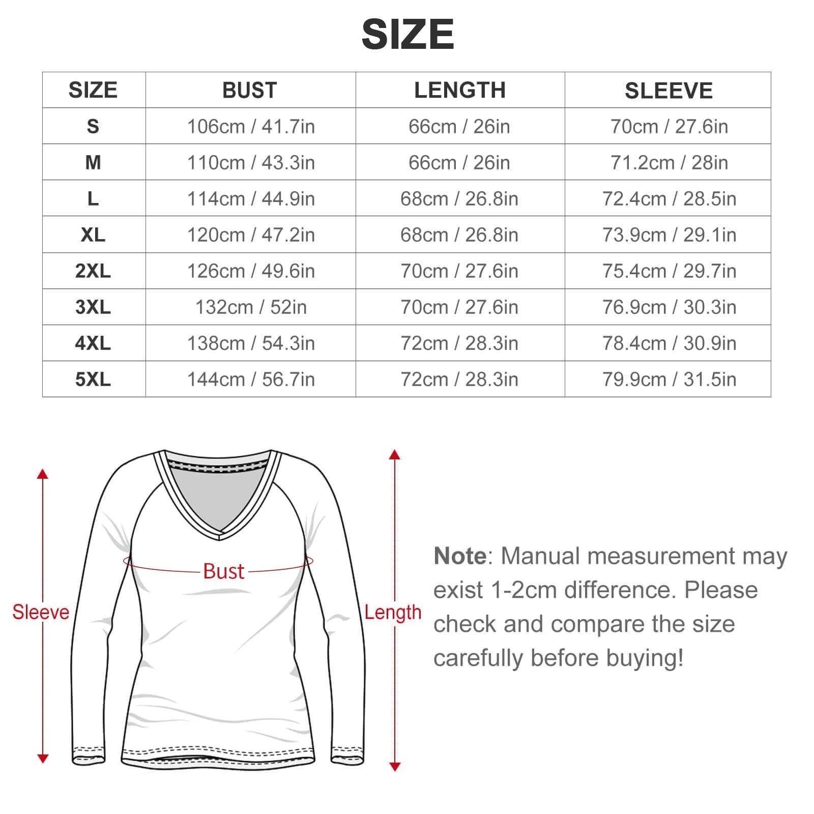 Clothing By Hot Takes Designs size chart for a double layer V-neck top with measurements for bust, length, and sleeve