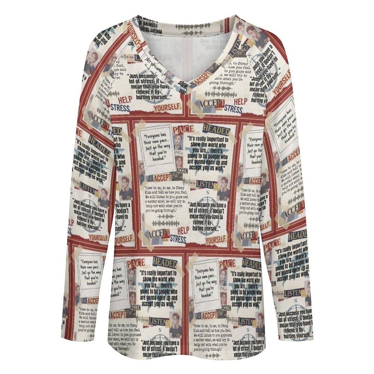 Clothing By Hot Takes Designs long sleeve V-neck top with all-over newspaper-style print in red and beige milk silk