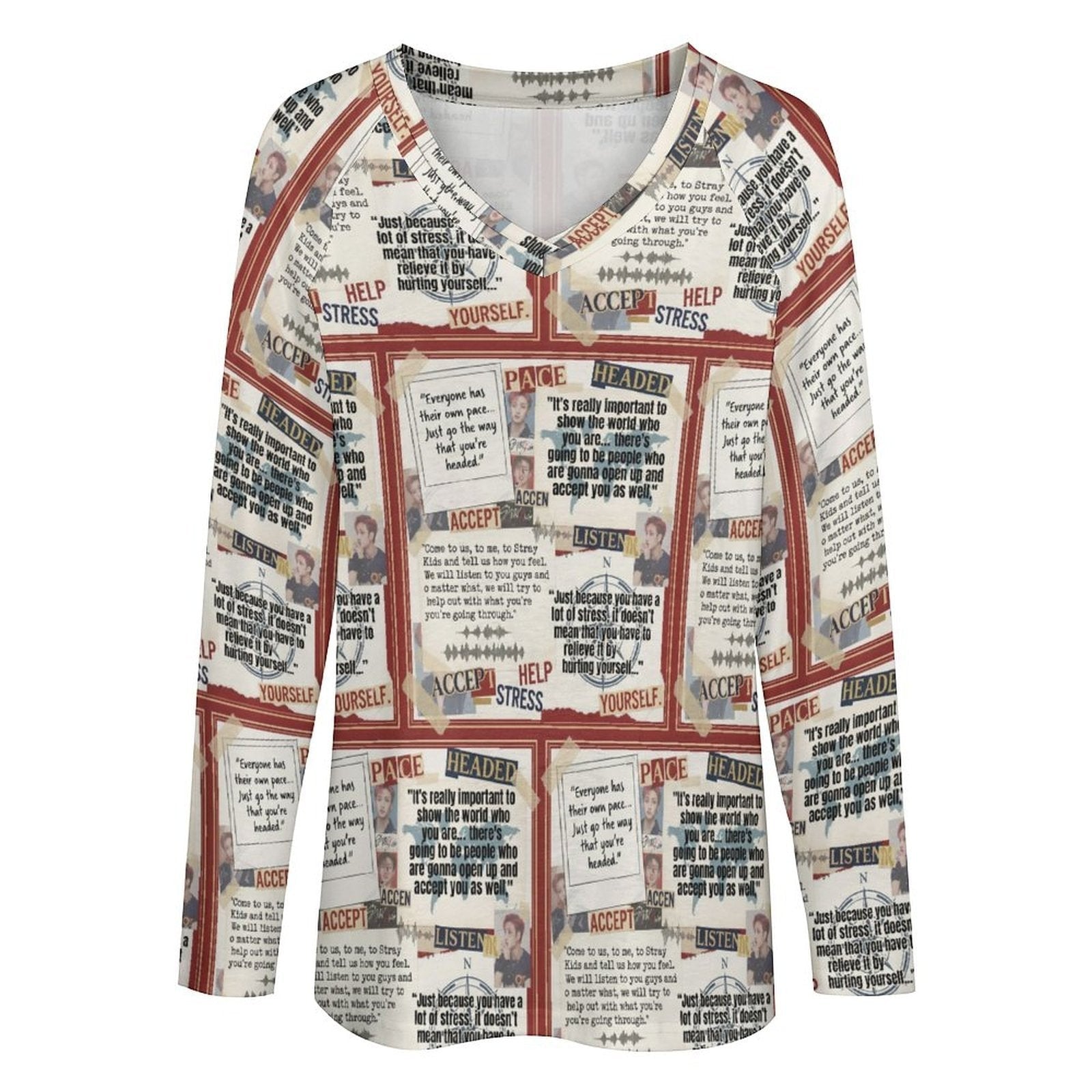Clothing By Hot Takes Designs long sleeve V-neck top with all-over newspaper-style print in red and beige milk silk