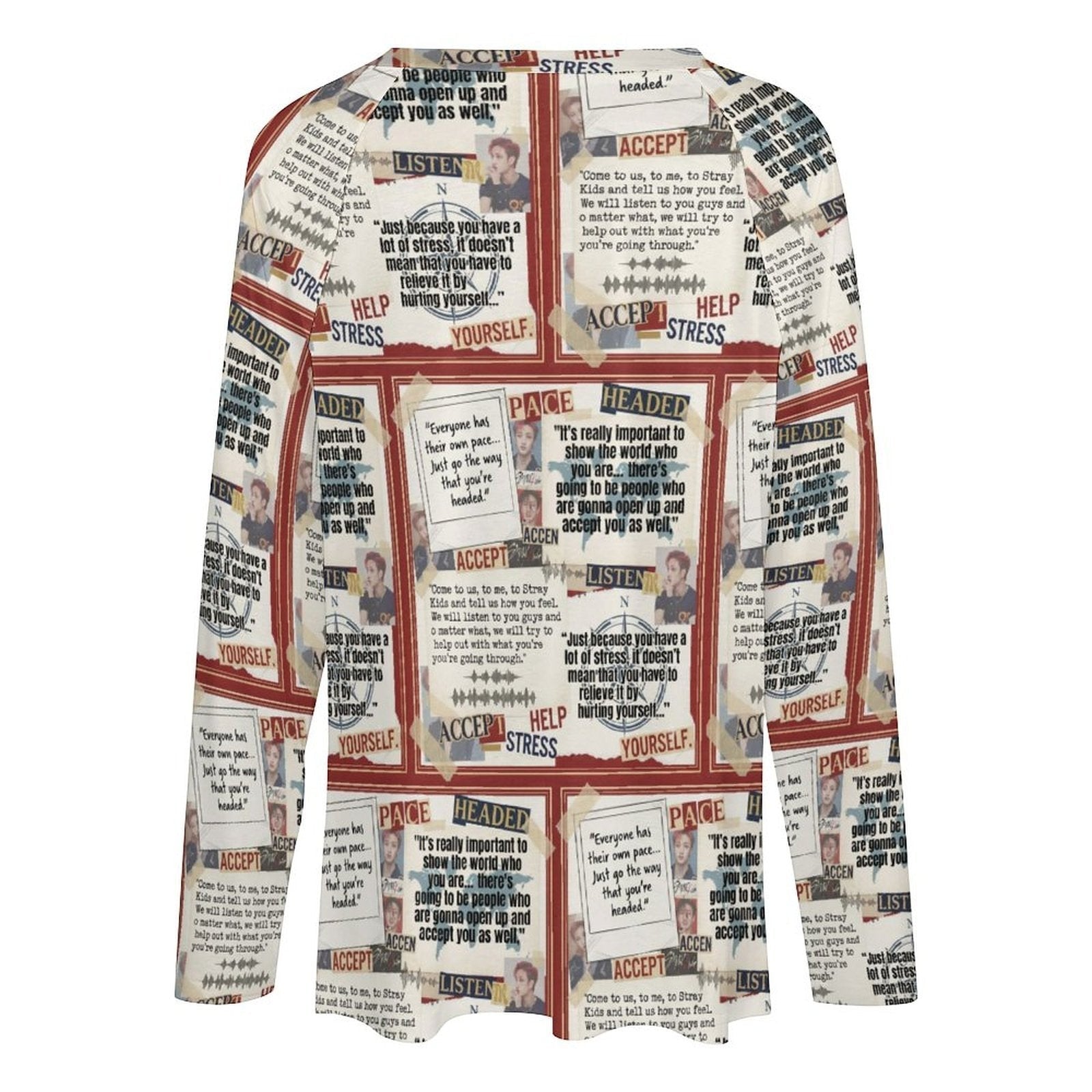 Clothing By Hot Takes Designs long-sleeve V-neck top with all-over vintage newspaper collage print in soft milk silk.