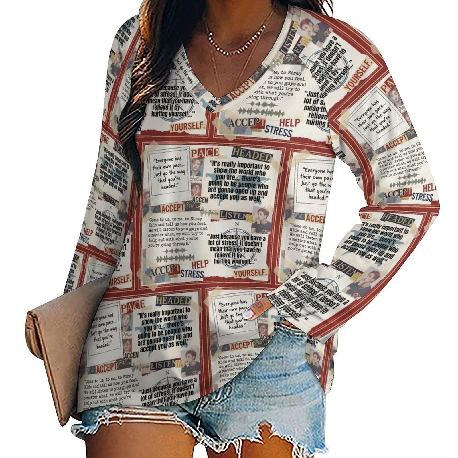 Clothing By Hot Takes Designs long-sleeve V-neck top with all-over newspaper-style text print in soft milk silk fabric