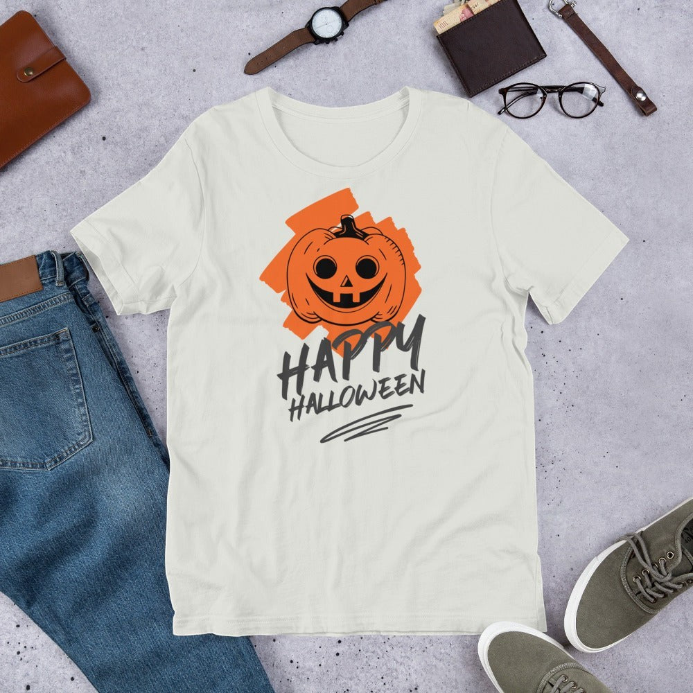 Clothing By Hot Takes Designs vintage style white t-shirt with a distressed orange jack-o'-lantern graphic.