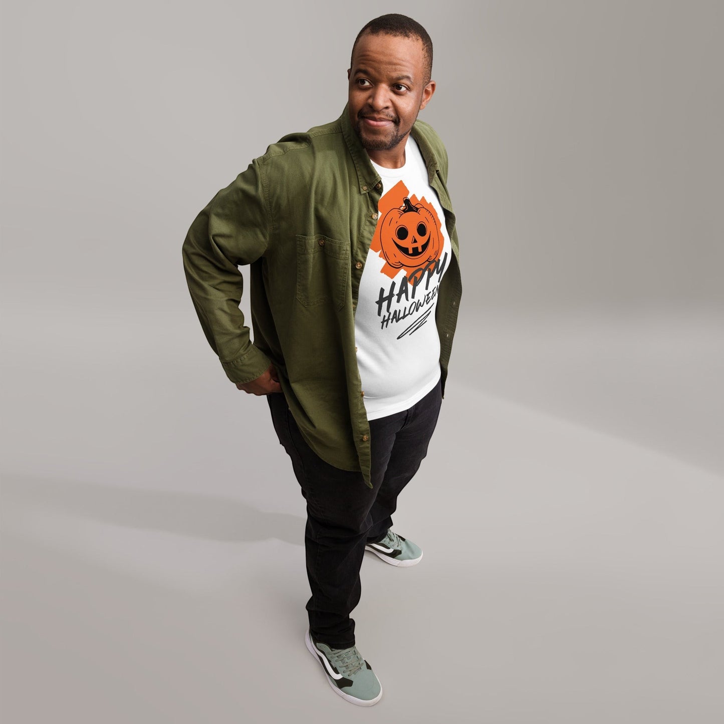 Clothing By Hot Takes Designs vintage style white t-shirt with a distressed orange jack-o'-lantern graphic on a man
