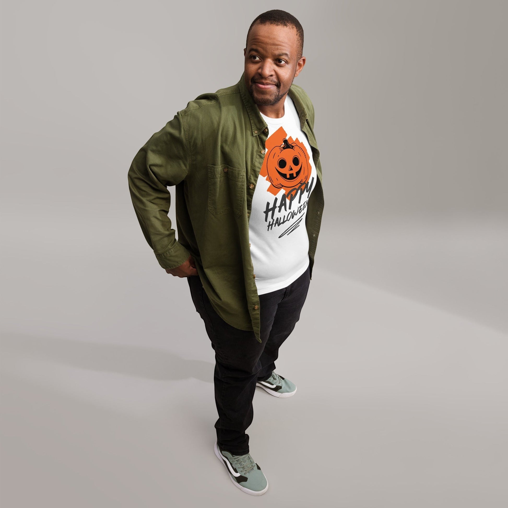 Clothing By Hot Takes Designs vintage style white t-shirt with a distressed orange jack-o'-lantern graphic on a man