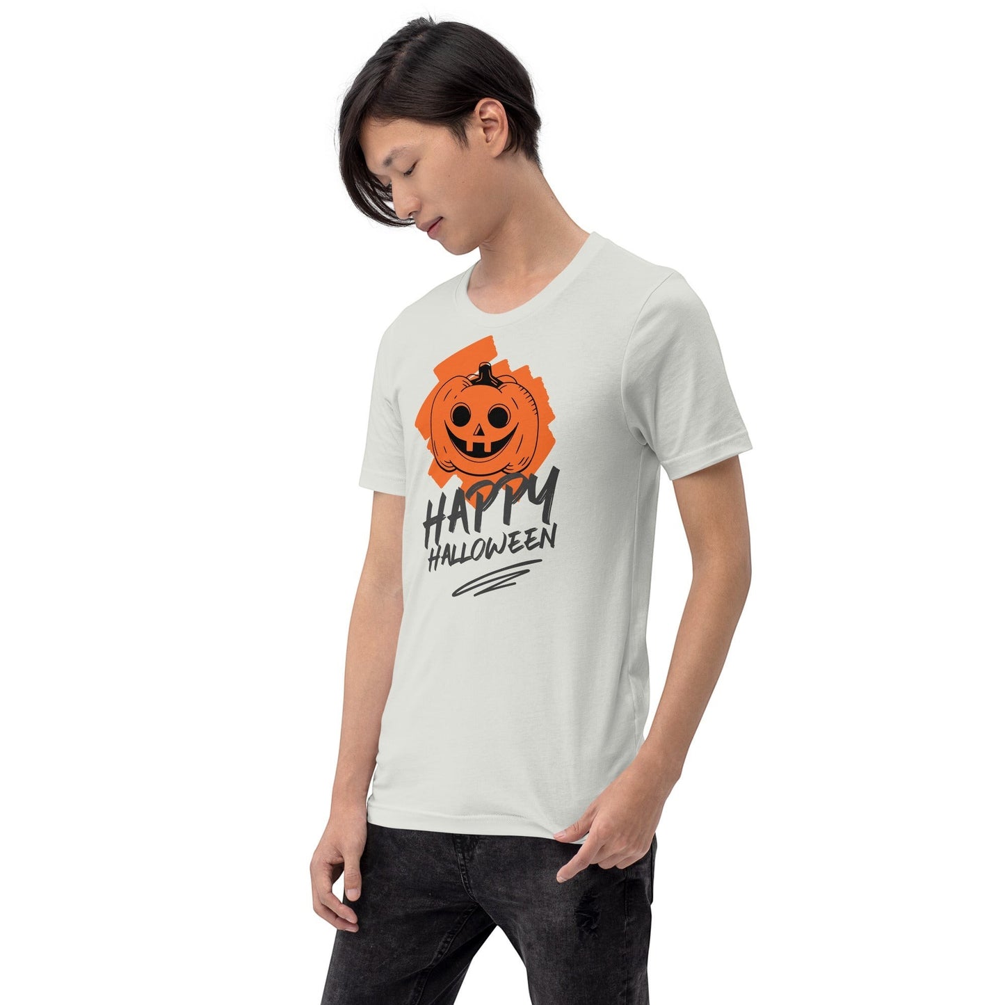 Clothing By Hot Takes Designs vintage style white t-shirt with a distressed orange jack-o'-lantern graphic on a man